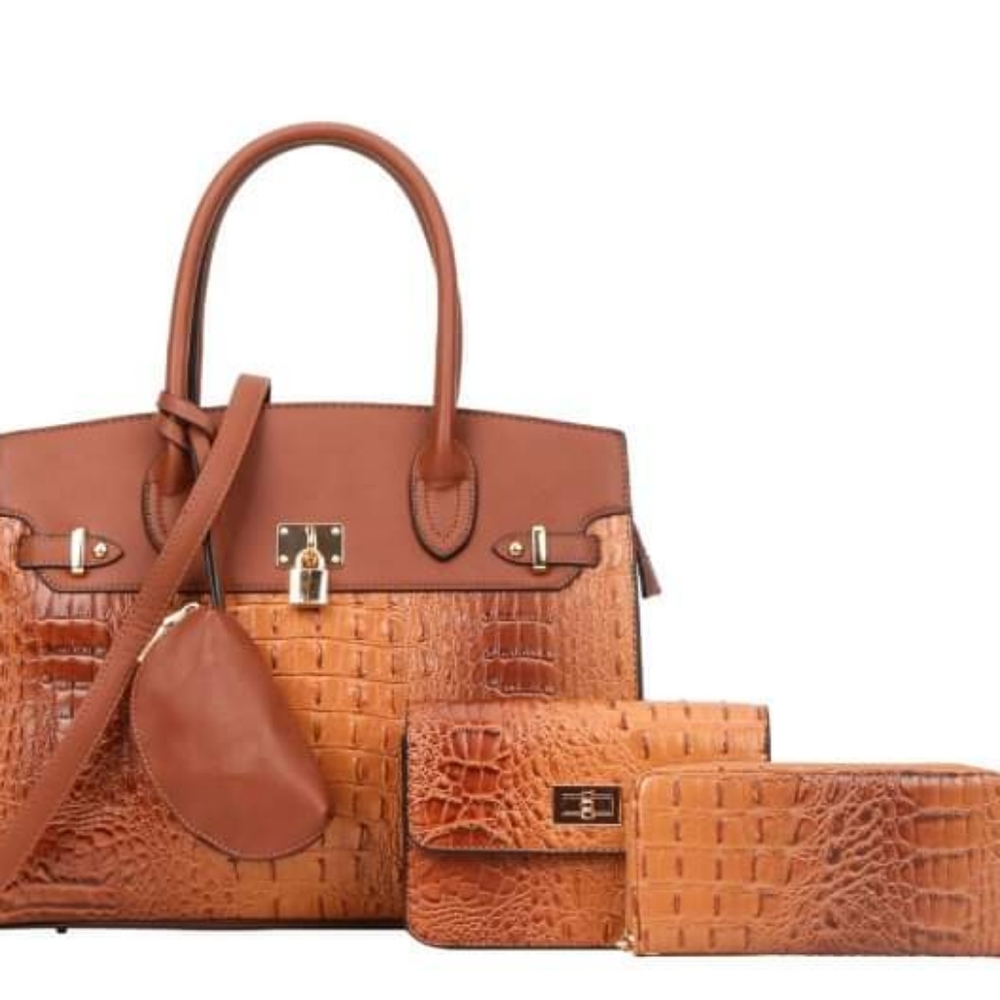 Coffee Color 4 IN 1 Crocodile Embossed Padlock Accent Satchel